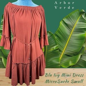 Blu Ivy Bluivy mini dress women S Smocked Peasant micro suede russett boho puff